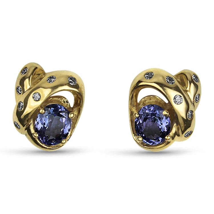 PAGE Estate Earring 14k Yellow Gold Oval Tanzanite and Diamond Ribbon Earrings