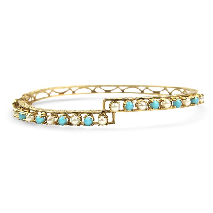 PAGE Estate Bracelet 14K Yellow Gold Pearl and Turquoise Bangle Bracelet