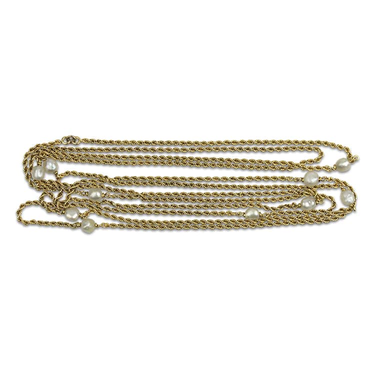 PAGE Estate Necklaces and Pendants 14k Yellow Gold Pearl Stations Rope Chain Necklace