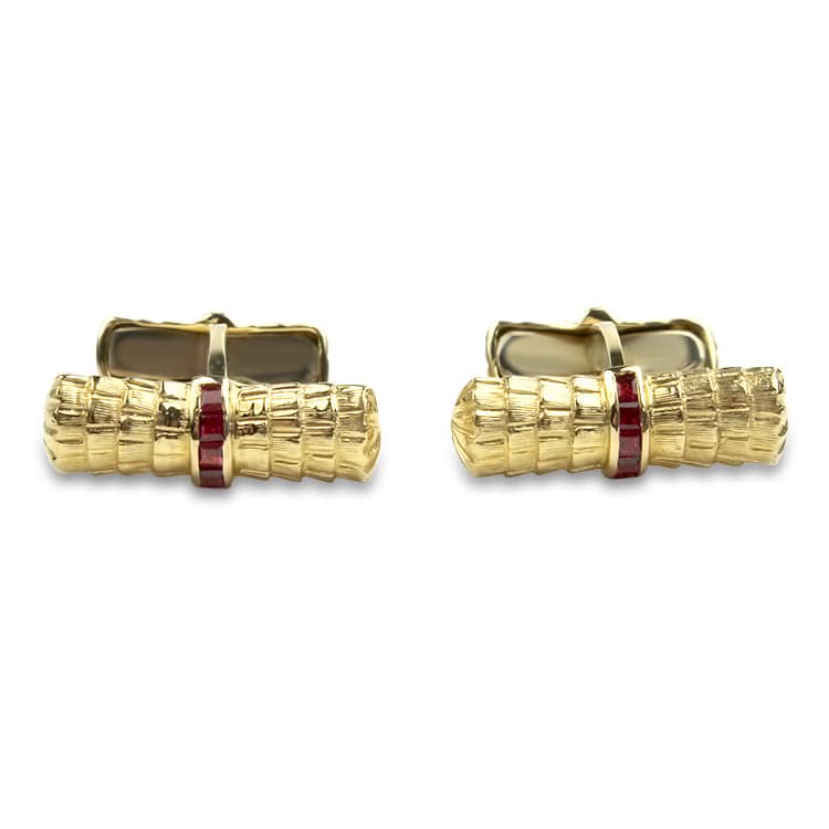 PAGE Estate Men's Jewelry 14K Yellow Gold Ruby Bark Finish Cufflink and Stud Set