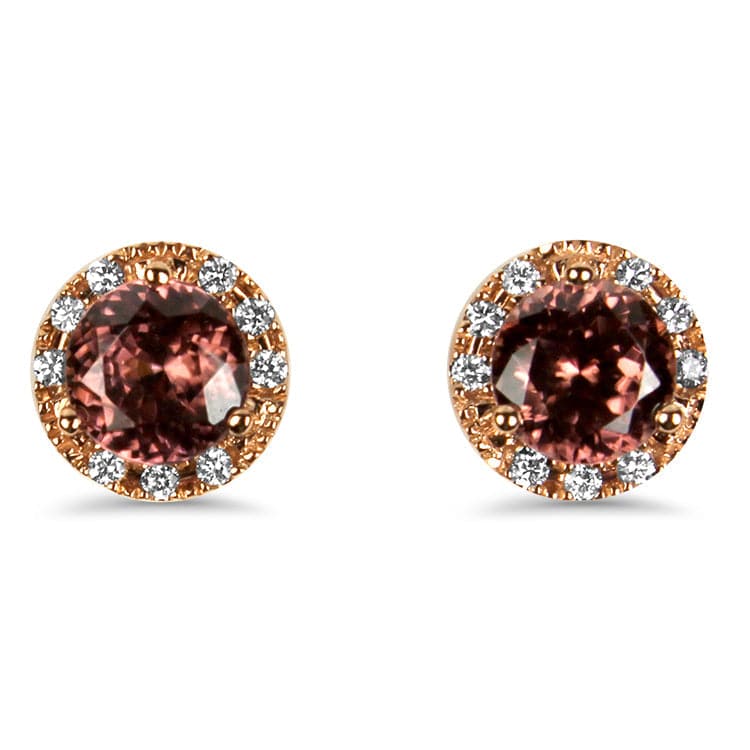 PAGE Estate Earring 18k Rose Gold Rose Zircon and Diamond Halo Style Studs
