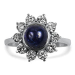 PAGE Estate Ring 18k White Gold 1.75 Cabochon Sapphire Ring with Diamond Halo 5.5