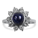 PAGE Estate Ring 18k White Gold 1.75 Cabochon Sapphire Ring with Diamond Halo 5.5