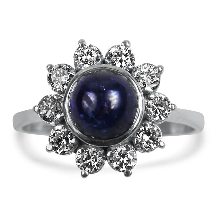 PAGE Estate Ring 18k White Gold 1.75 Cabochon Sapphire Ring with Diamond Halo 5.5