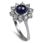 PAGE Estate Ring 18k White Gold 1.75 Cabochon Sapphire Ring with Diamond Halo 5.5