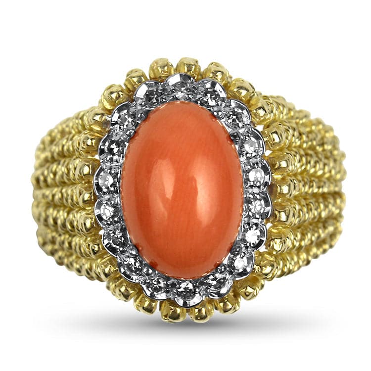 PAGE Estate Ring 18K Yellow Gold Coral and Diamond Ring 10.00