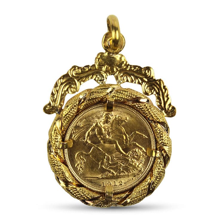 PAGE Estate Necklaces and Pendants 18K Yellow Gold Floral Frame 1912 22K Gold Coin Pendant