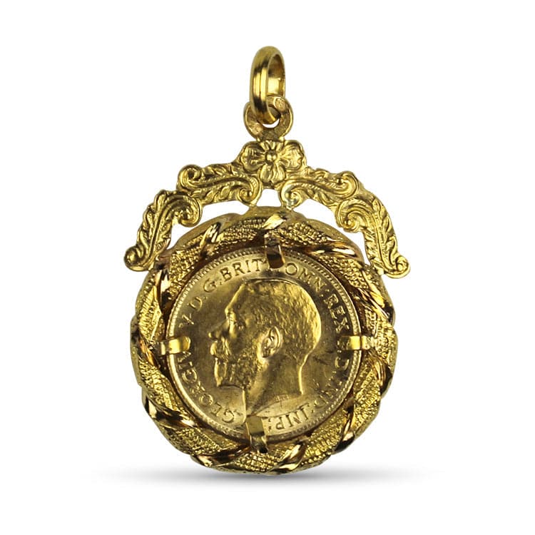 PAGE Estate Necklaces and Pendants 18K Yellow Gold Floral Frame 1912 22K Gold Coin Pendant