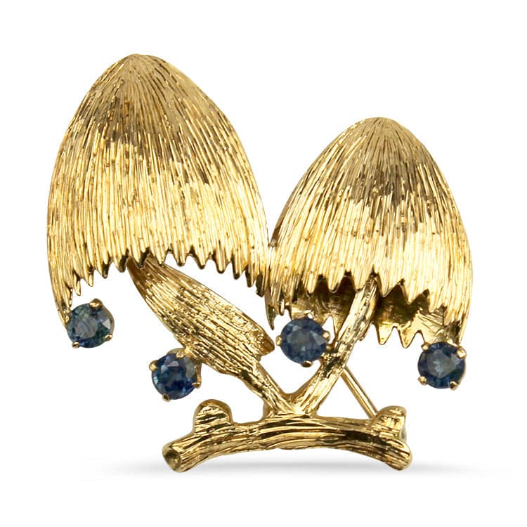 PAGE Estate Necklaces and Pendants 18k Yellow Gold Textured Mushroom and Blue Sapphire Pin