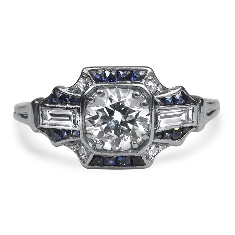 PAGE Estate Ring Art Deco Platinum Diamond and Sapphire Ring 6.25