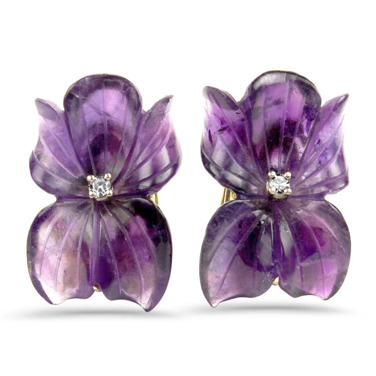 PAGE Estate Earring Floral Carved Amethyst and Diamond Earrings