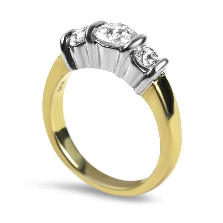 PAGE Estate Engagement Ring Platinum and 18k Yellow Gold Bar-Set Three Ideal Cut Diamond Ring 5.25
