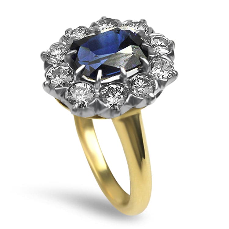 PAGE Estate Ring Unheated Cushion 2.50cts Sapphire Ring with Old European Cut Diamond Halo 6.25