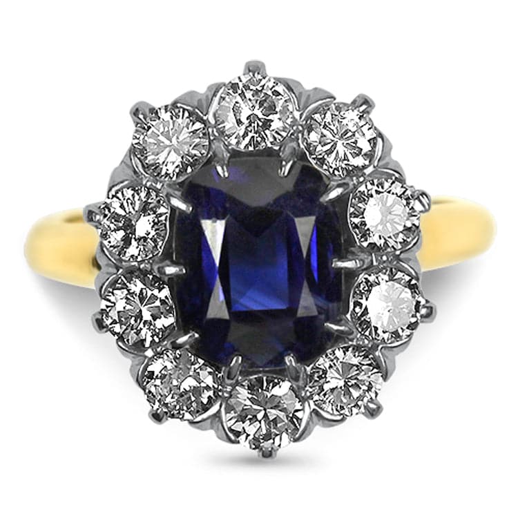 PAGE Estate Ring Unheated Cushion 2.50cts Sapphire Ring with Old European Cut Diamond Halo 6.25