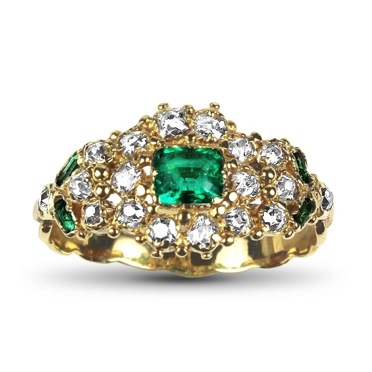 PAGE Estate Ring Yellow Gold Emerald and Diamond Cluster Ring 7