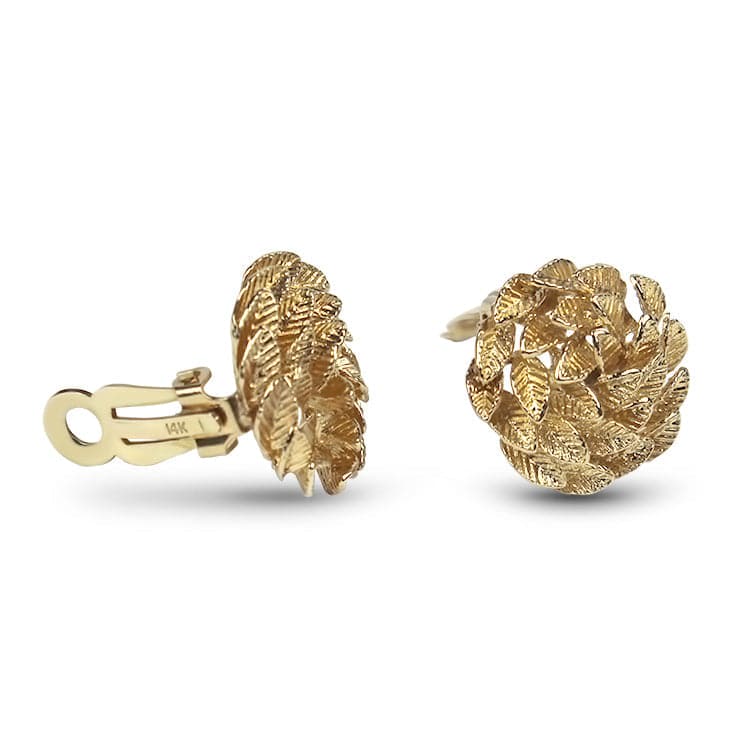 PAGE Estate Earring Yellow Gold Textured Floral Swirl Clip-On Earrings