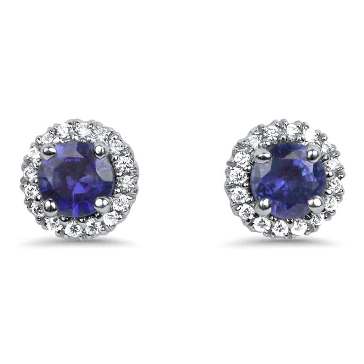 Springer's Collection Earring 14k White Gold Ceylon Sapphire and Diamond Halo Stud Earrings