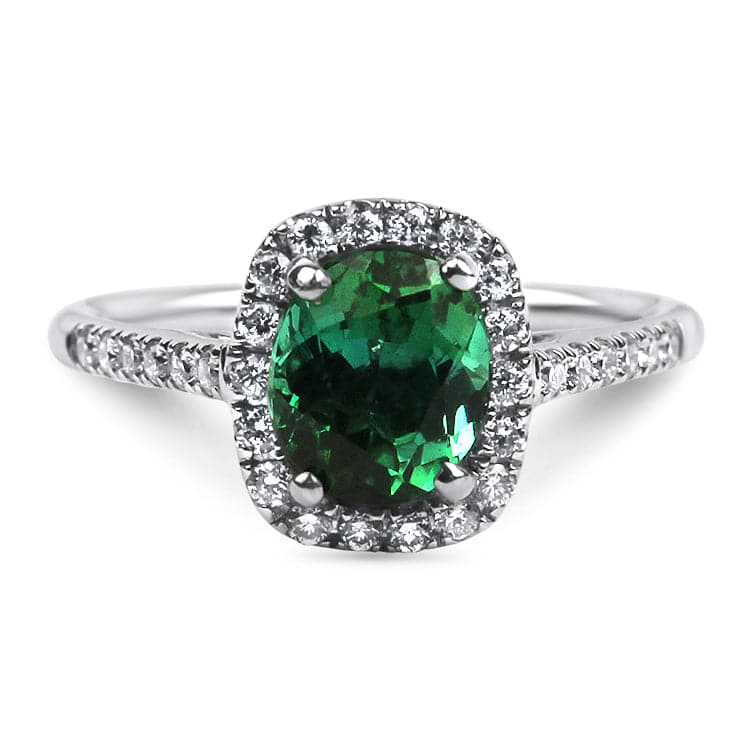 Springer's Collection Ring 14k White Gold Oval Green Tourmaline and Diamond Halo Ring 6.25