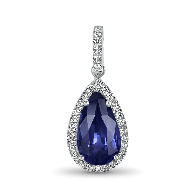 Springer's Collection Necklaces and Pendants 14k White Gold Pear Cut Ceylon Sapphire and Diamond Pendant