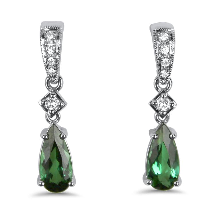 Springer's Collection Earring 14k White Gold Pear Cut Green Tourmaline and Diamond Drop Earrings