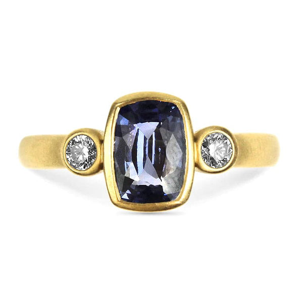 PAGE Estate Ring 14k Yellow Gold Cushion Cut Ceylon Sapphire and Diamond Ring 6.25
