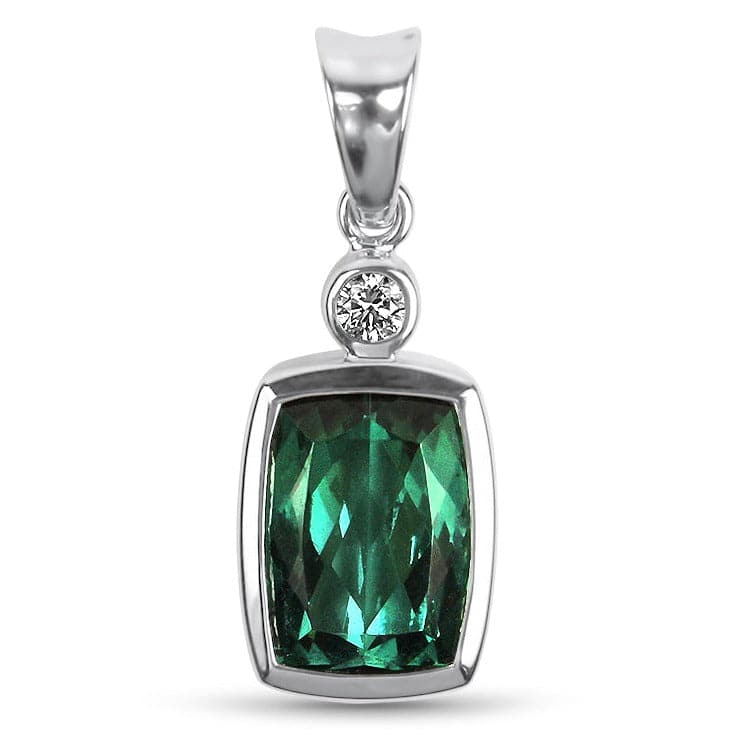 Springer's Collection Necklaces and Pendants 18K White Gold Cushion Green-Blue Tourmaline and Diamond Pendant