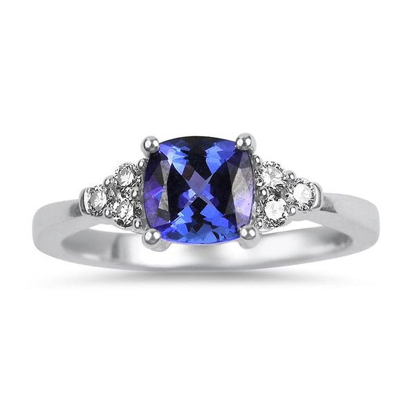 Springer's Collection Ring 18K White Gold Cushion Tanzanite Diamond Cluster Ring 6.25
