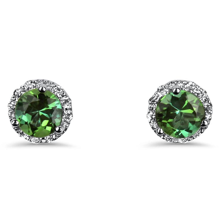 Springer's Collection Earring 18k White Gold Green Tourmaline and Diamond Halo Style Stud Earrings