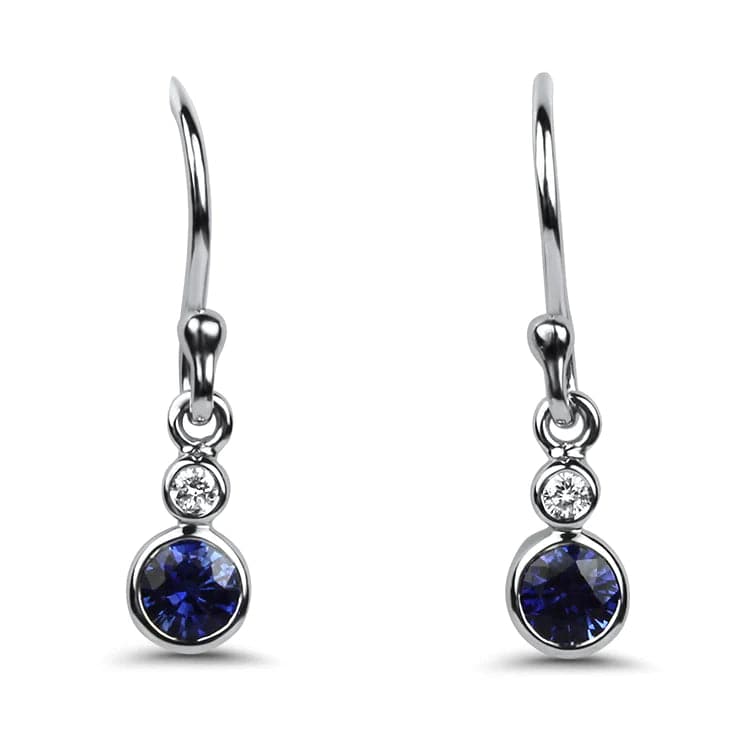 18k White Gold Pair of Blue Sapphire and Diamond Bezel set Drop Earrings