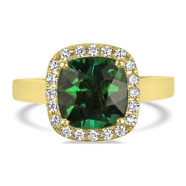 Springer's Collection Ring 18K Yellow Gold Cushion Cut Tourmaline and Diamond Halo Ring 6.25