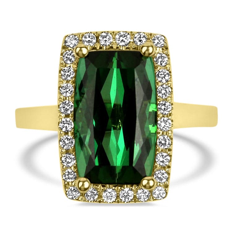 Springer's Collection Ring 18K Yellow Gold Elongated Cushion Cut Tourmaline and Diamond Halo Ring 6.25