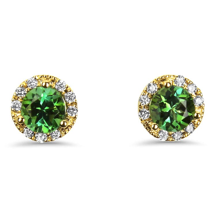 Springer's Collection Earring 18k Yellow Gold Green Tourmaline and Diamond Halo Style Stud Earrings