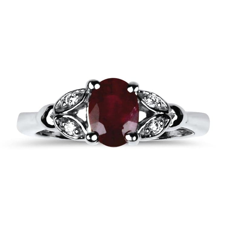 Springer's Collection Ring White Gold Oval Ruby and Diamond Leaf Ring 6.5