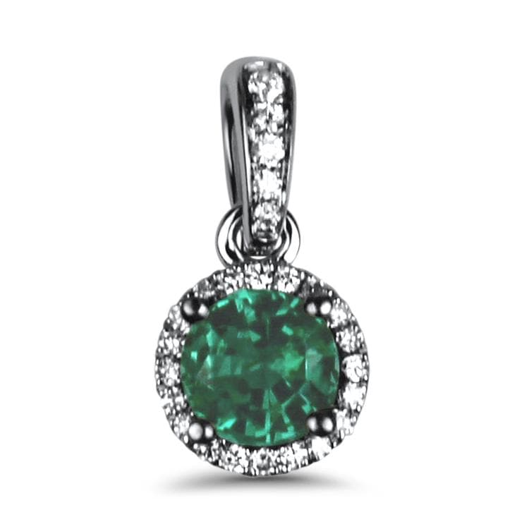 Springer's Collection Necklaces and Pendants White Gold Round Emerald & Diamond Halo Pendant