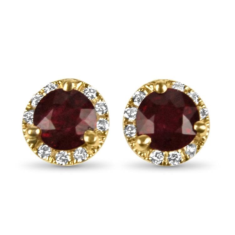 Springer's Collection Earring Yellow Gold Round Ruby and Diamond Halo Stud Earrings