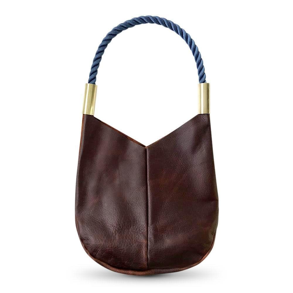 Brown Leather Tote Bag with Navy Rope
