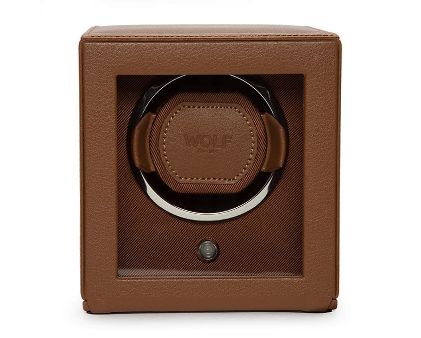 WOLF Designs Watch Winder Single Cub Watch Winder with Cover - Cognac