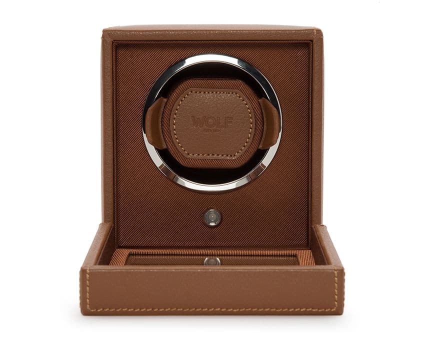 WOLF Designs Watch Winder Single Cub Watch Winder with Cover - Cognac