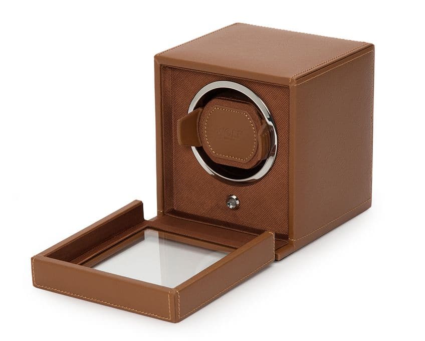 WOLF Designs Watch Winder Single Cub Watch Winder with Cover - Cognac